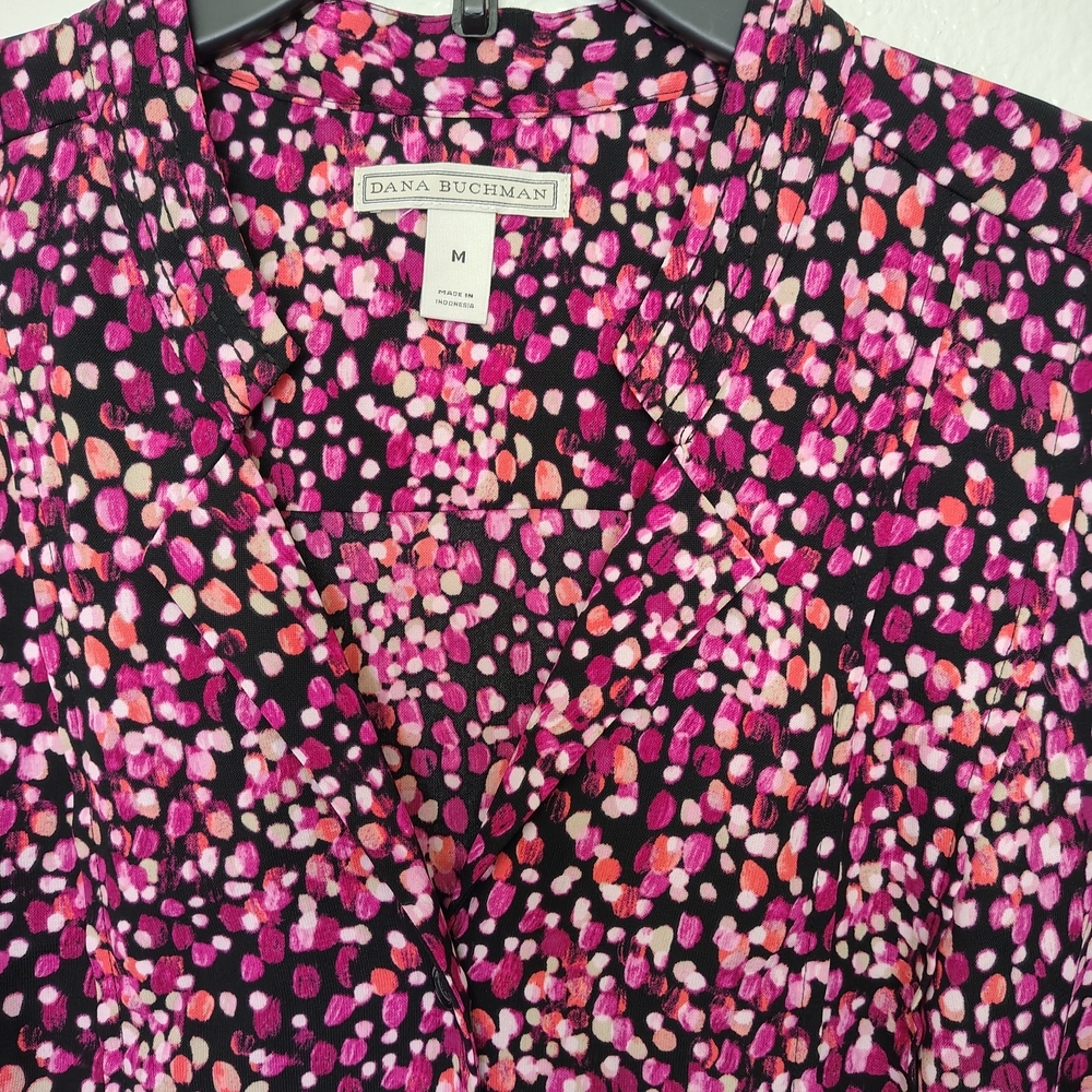 Dana Buchman Black Pink Polka Dot Button Front Career Blouse Women's Sz M Oversz - Picture 5 of 14